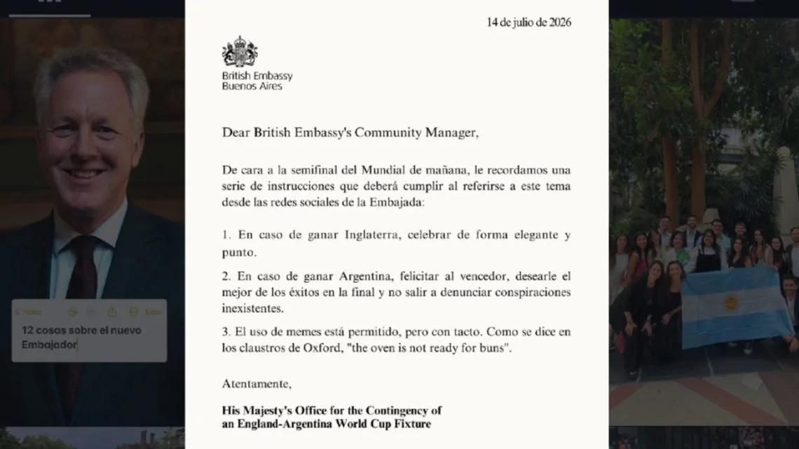 Embajada británica responde con humor a las tensiones por el partido Argentina-Inglaterra en el Mundial